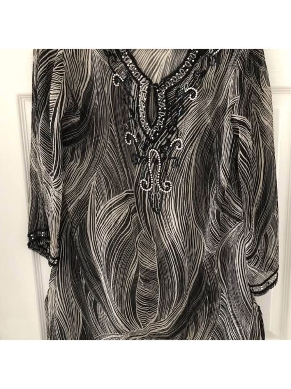COLORZ Abstract Sheer Tunic Blouse Embroidered Beaded Small India Zebra Sexy - Picture 1 of 8